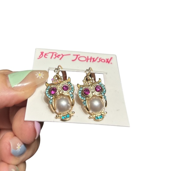 Betsey Johnson Gold Owl Earrings with Pink and Blue Gems - Picture 1 of 2